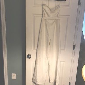 White Strapless Belted Wide leg Jumpsuit